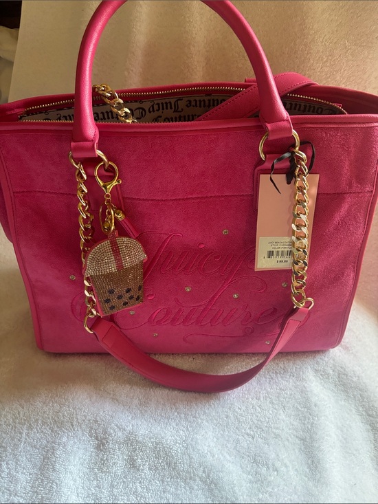 Juicy Couture Handbags - Juicy Couture Hot Pink Suede Tote with Gold Chain Handles
